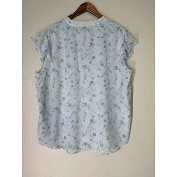 Lauren Ralph Lauren Blue Floral Blouse Womens Sz XL Flutter Sleeve V Neck - Picture 3 of 7